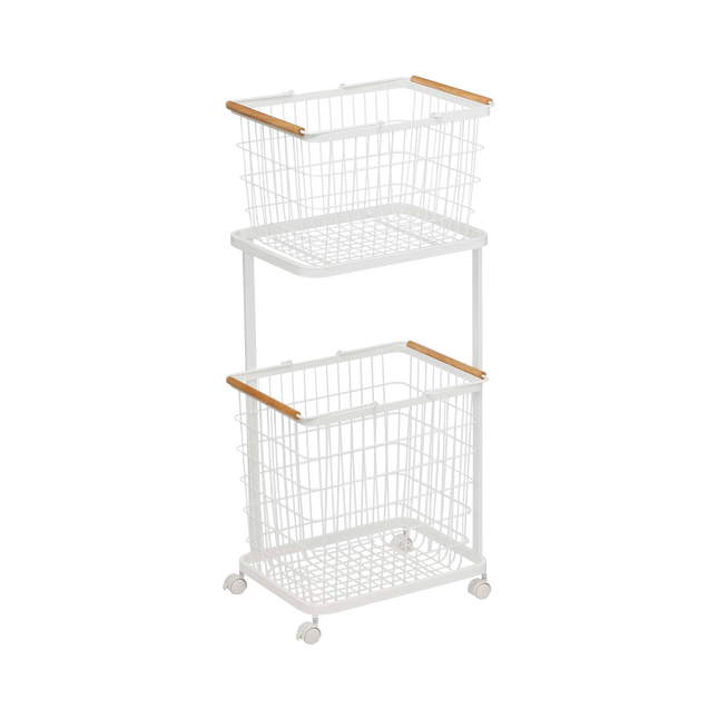 Rolling Laundry Cart + Wire Baskets - Steel + Wood