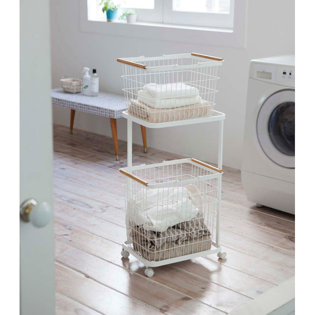 Rolling Laundry Cart + Wire Baskets - Steel + Wood